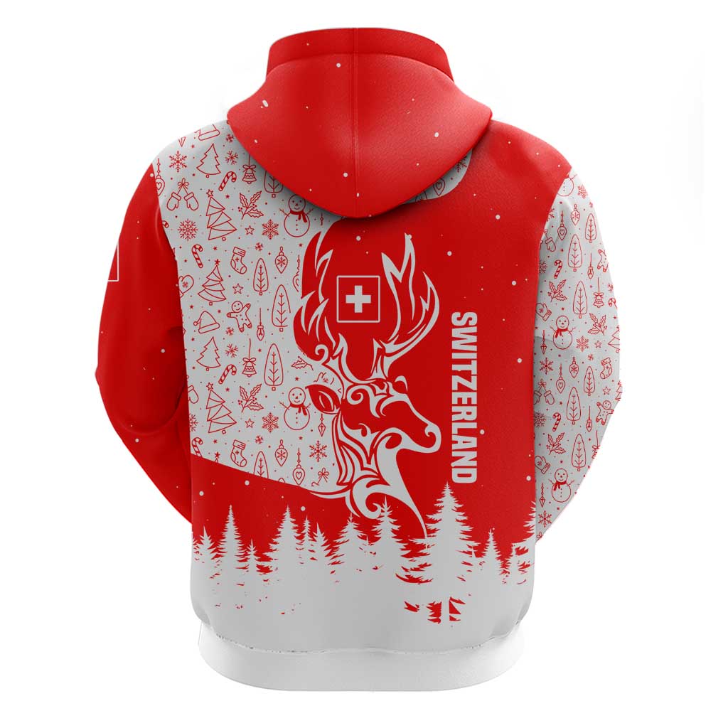 Switzerland Christmas Hoodie with Red Reindeer Snow Forest and Holiday Icon TS04