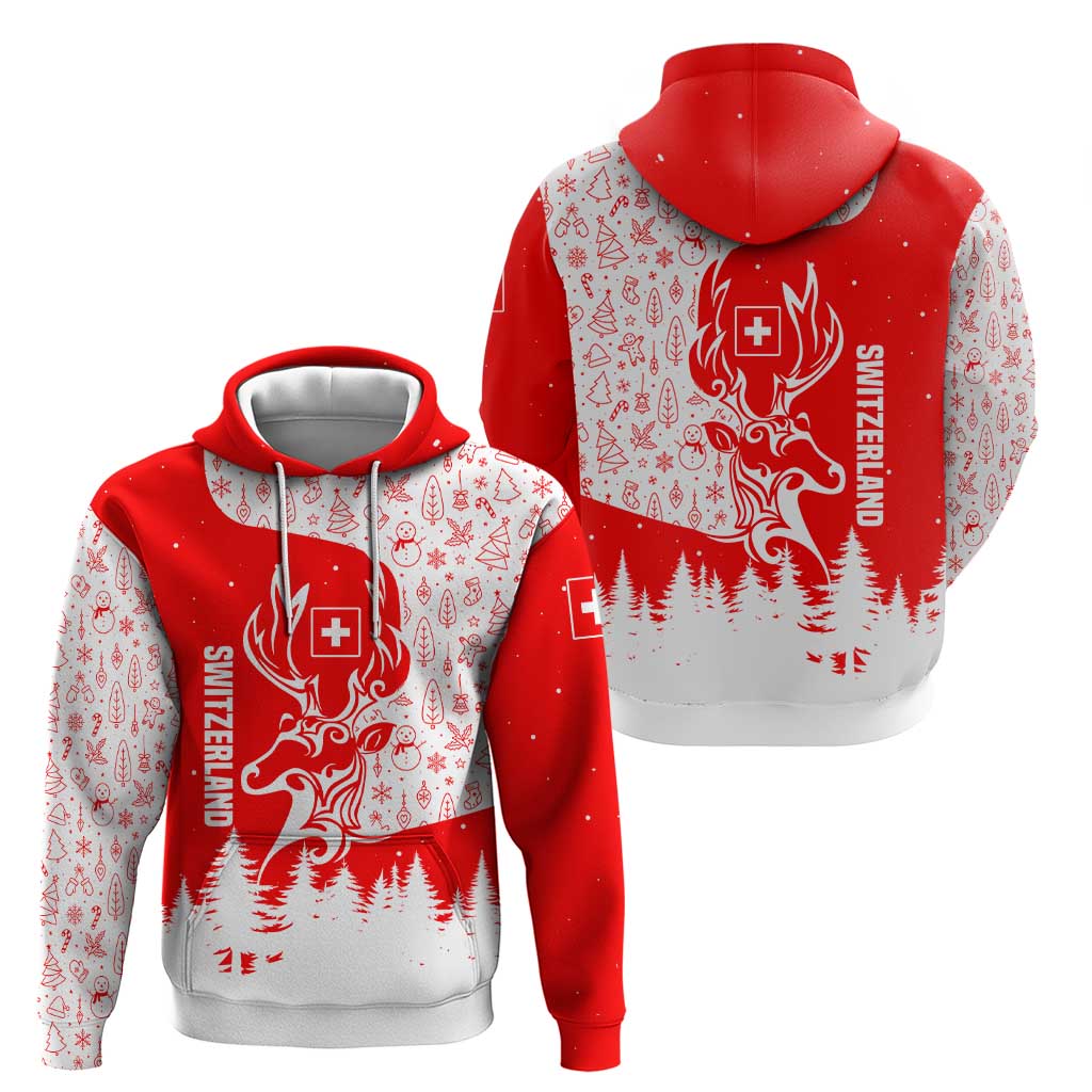 Switzerland Christmas Hoodie with Red Reindeer Snow Forest and Holiday Icon TS04
