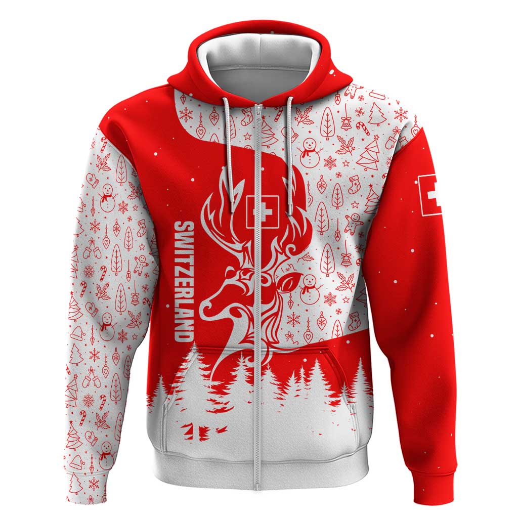 Switzerland Christmas Hoodie with Red Reindeer Snow Forest and Holiday Icon TS04