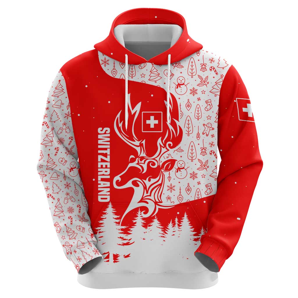 Switzerland Christmas Hoodie with Red Reindeer Snow Forest and Holiday Icon TS04