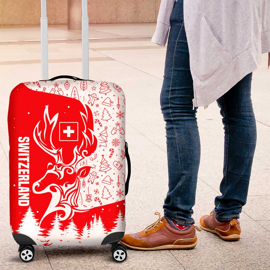 Switzerland Christmas Luggage Cover with Red Reindeer Snow Forest and Holiday Icon TS04