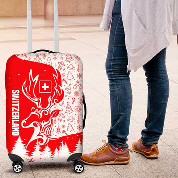 Switzerland Christmas Luggage Cover with Red Reindeer Snow Forest and Holiday Icon TS04