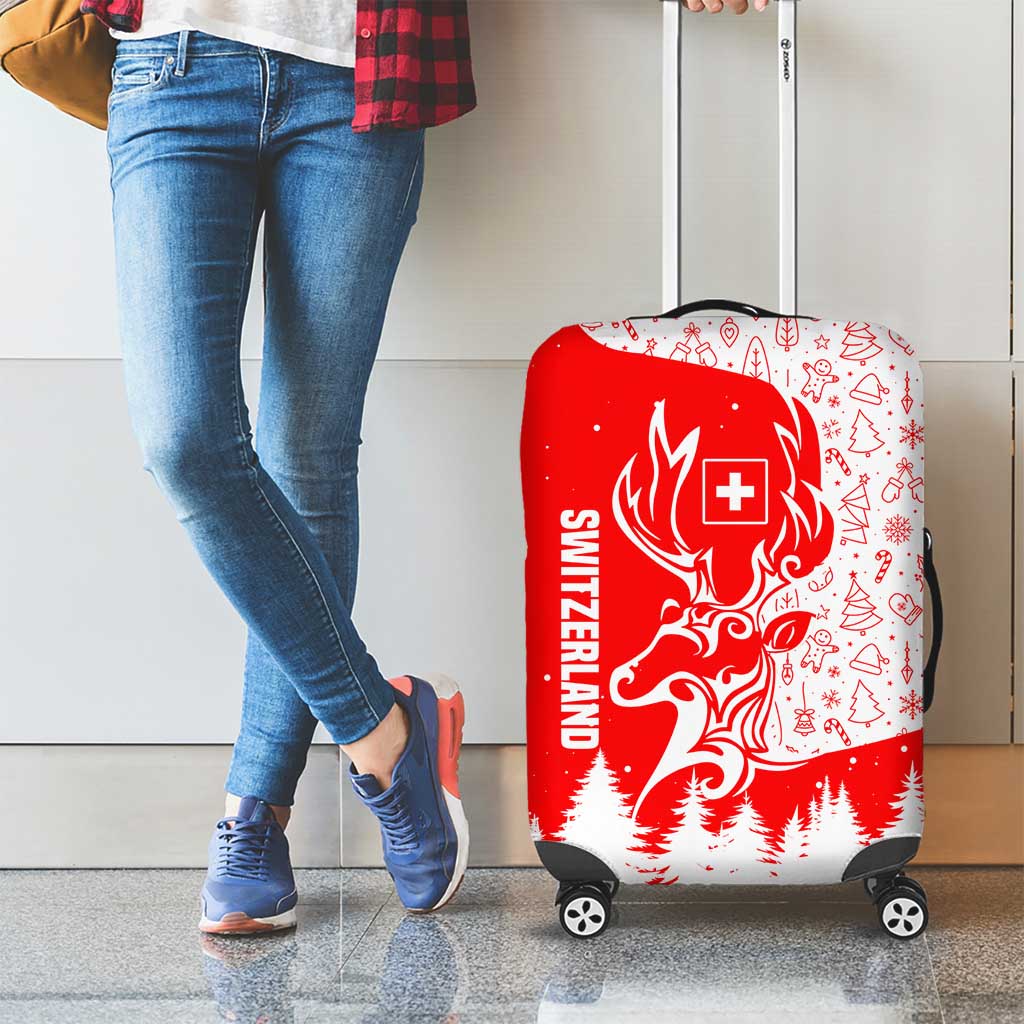 Switzerland Christmas Luggage Cover with Red Reindeer Snow Forest and Holiday Icon TS04