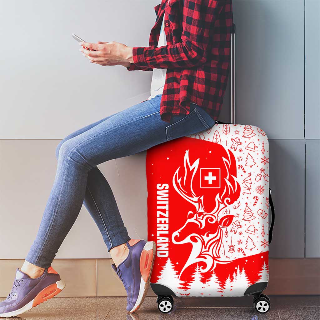 Switzerland Christmas Luggage Cover with Red Reindeer Snow Forest and Holiday Icon TS04