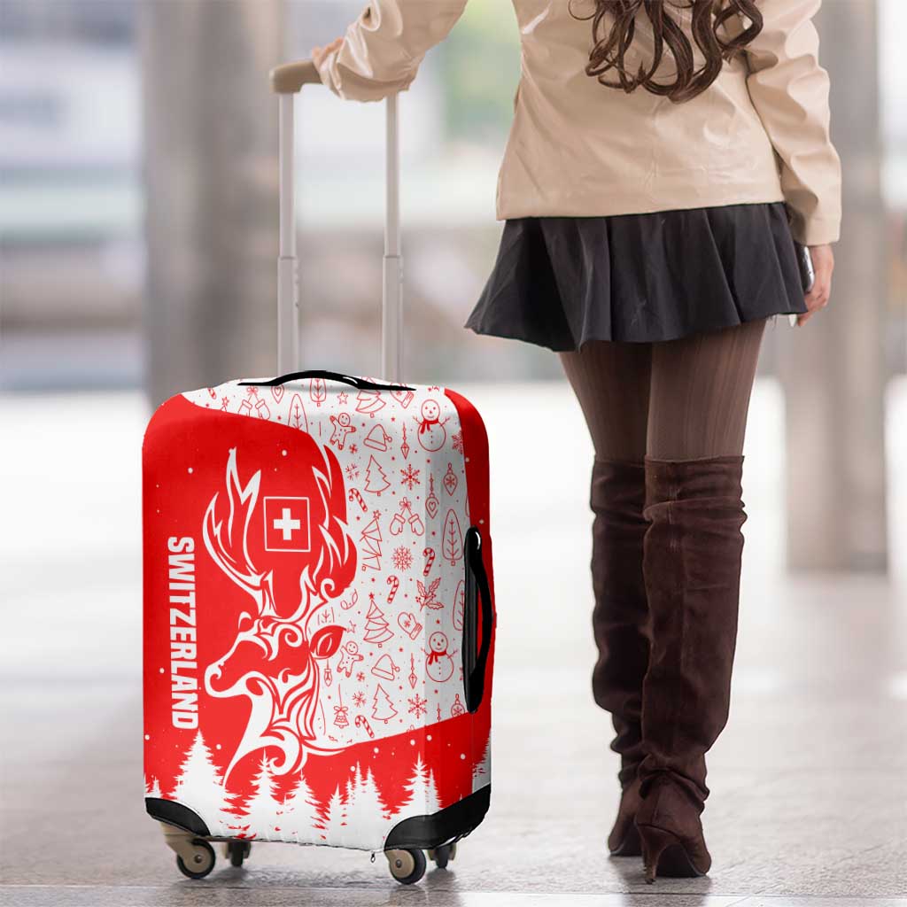 Switzerland Christmas Luggage Cover with Red Reindeer Snow Forest and Holiday Icon TS04