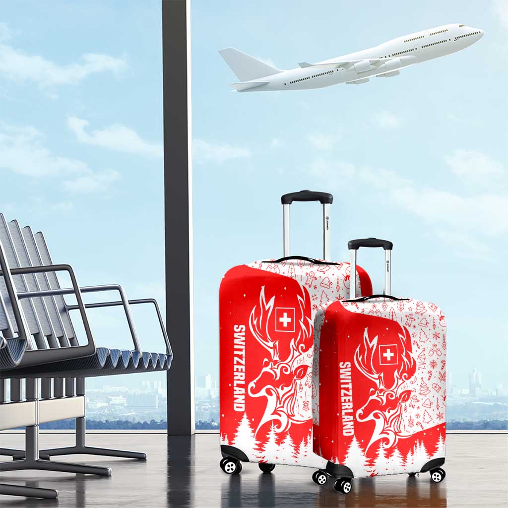 Switzerland Christmas Luggage Cover with Red Reindeer Snow Forest and Holiday Icon TS04
