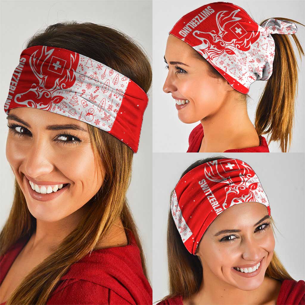 Switzerland Christmas Neck Gaiter with Red Reindeer Snow Forest and Holiday Icon TS04