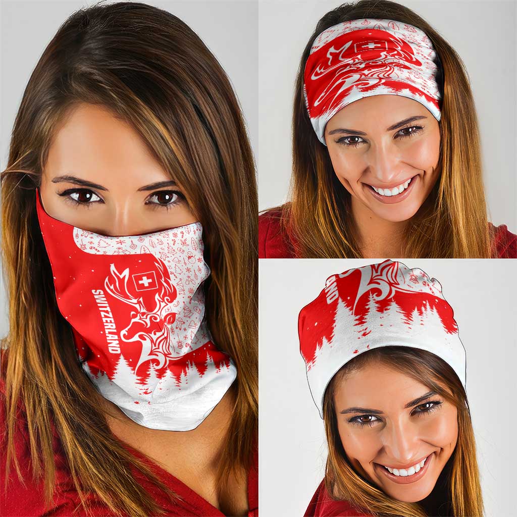 Switzerland Christmas Neck Gaiter with Red Reindeer Snow Forest and Holiday Icon TS04
