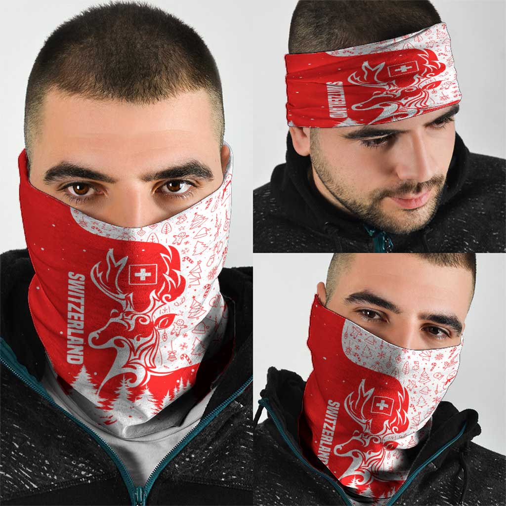 Switzerland Christmas Neck Gaiter with Red Reindeer Snow Forest and Holiday Icon TS04