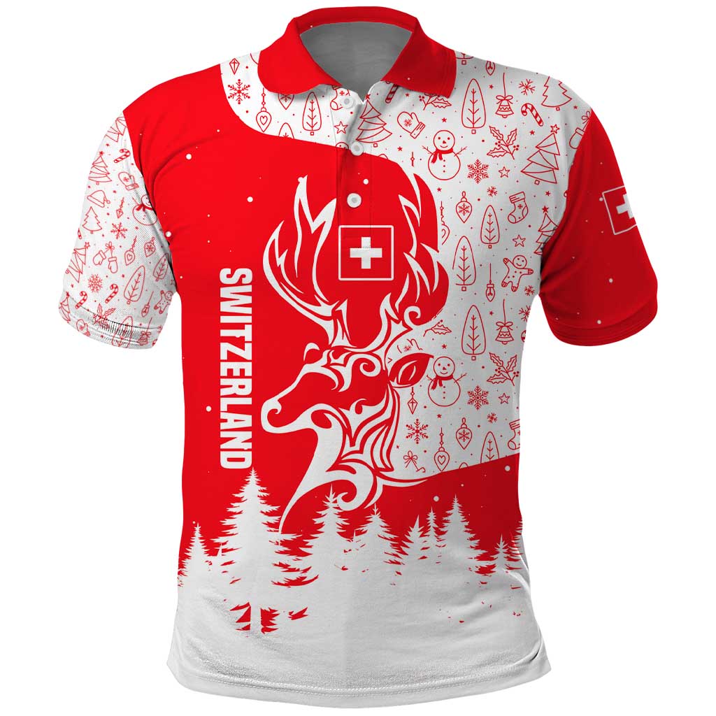 Switzerland Christmas Polo Shirt with Red Reindeer Snow Forest and Holiday Icon TS04