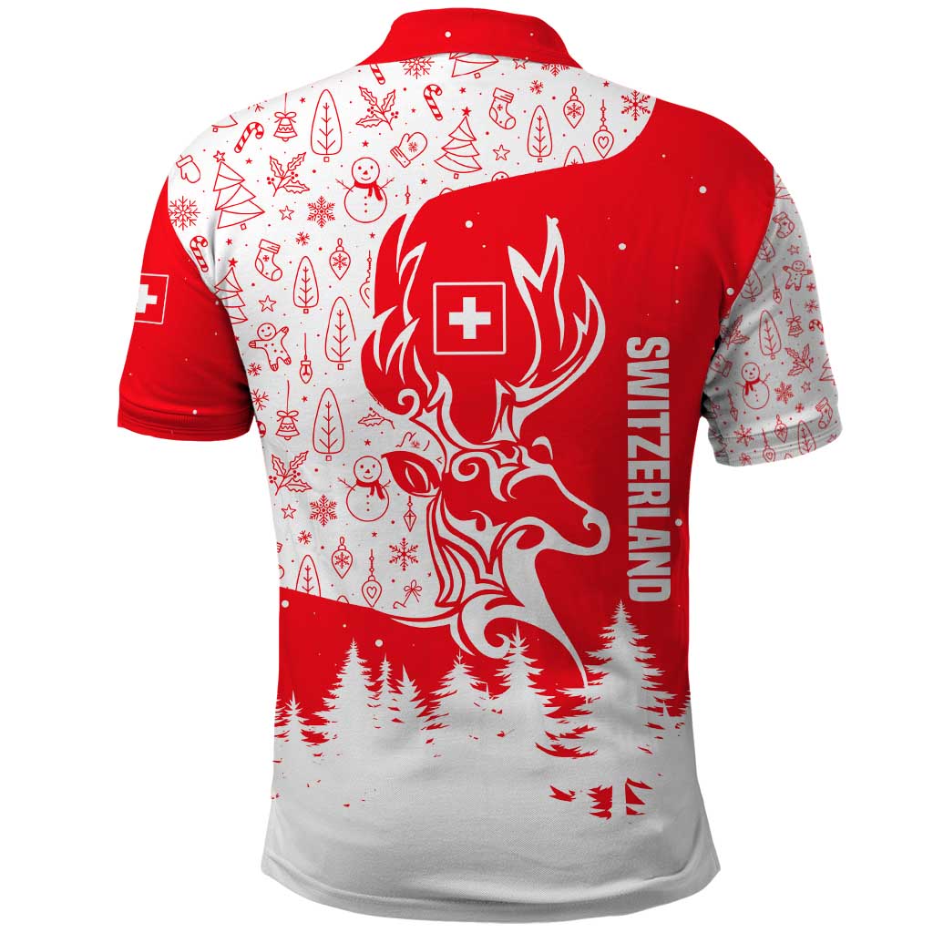 Switzerland Christmas Polo Shirt with Red Reindeer Snow Forest and Holiday Icon TS04