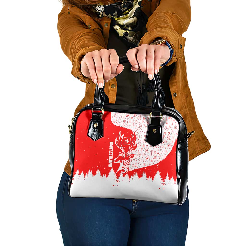 Switzerland Christmas Shoulder Handbag with Red Reindeer Snow Forest and Holiday Icon TS04