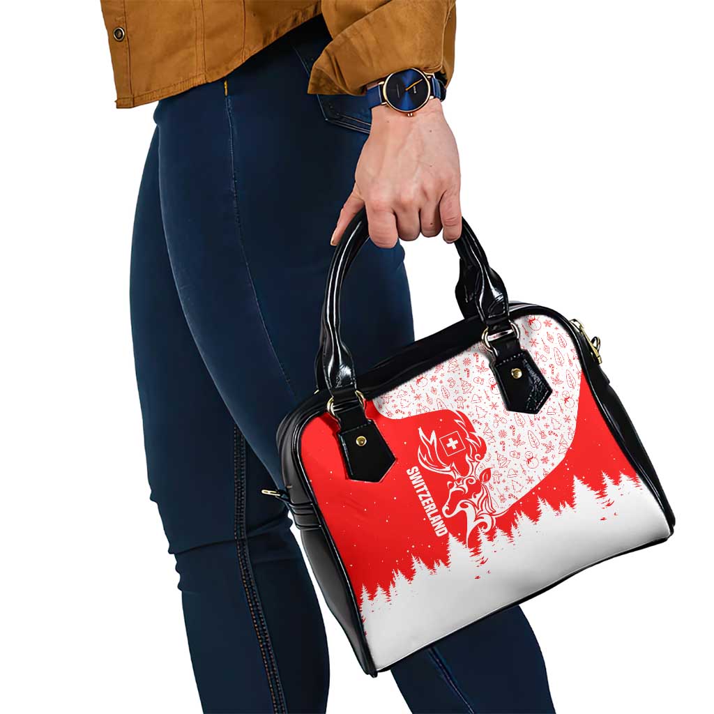 Switzerland Christmas Shoulder Handbag with Red Reindeer Snow Forest and Holiday Icon TS04