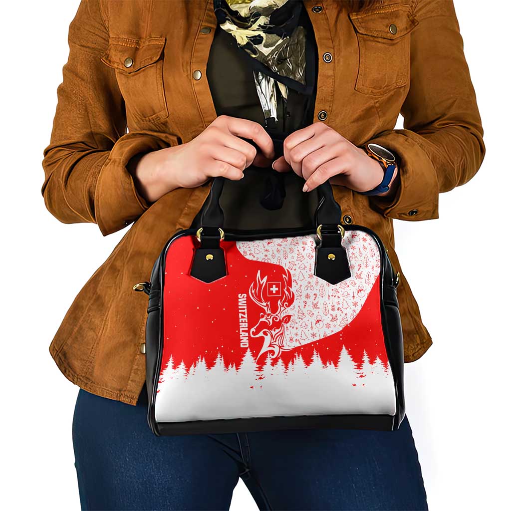 Switzerland Christmas Shoulder Handbag with Red Reindeer Snow Forest and Holiday Icon TS04