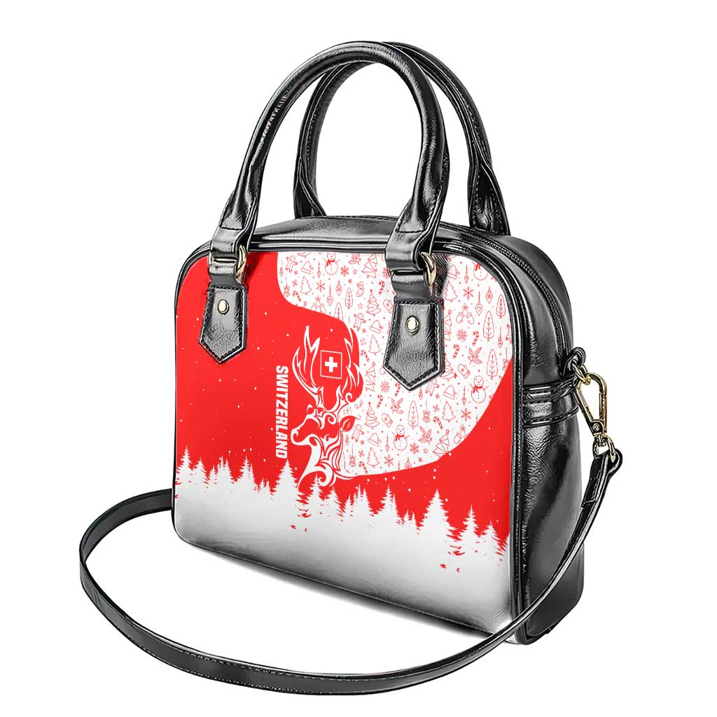 Switzerland Christmas Shoulder Handbag with Red Reindeer Snow Forest and Holiday Icon TS04