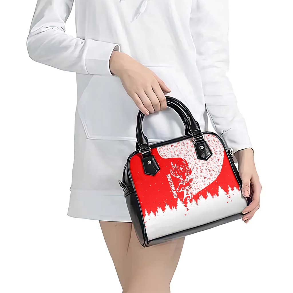 Switzerland Christmas Shoulder Handbag with Red Reindeer Snow Forest and Holiday Icon TS04