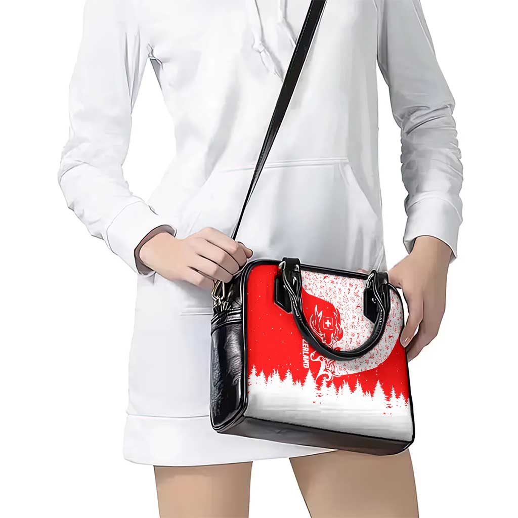 Switzerland Christmas Shoulder Handbag with Red Reindeer Snow Forest and Holiday Icon TS04