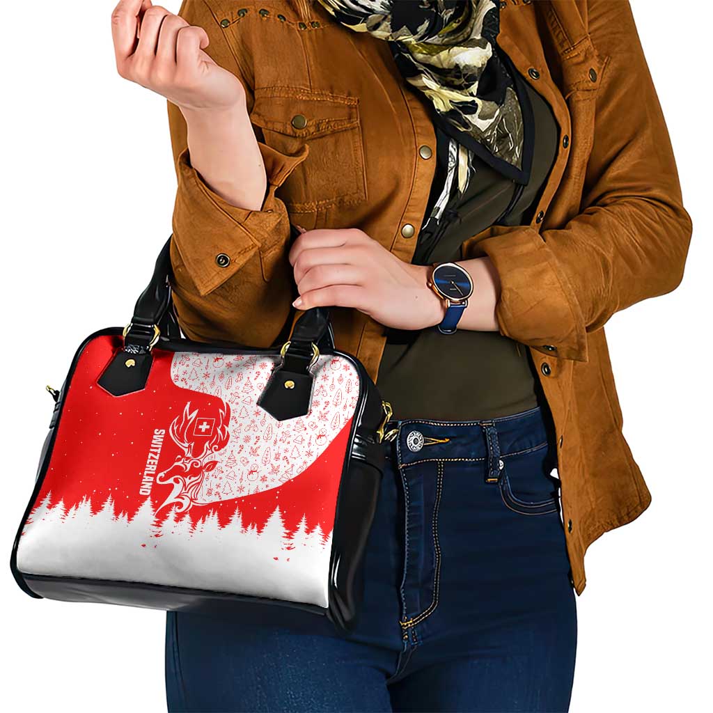 Switzerland Christmas Shoulder Handbag with Red Reindeer Snow Forest and Holiday Icon TS04