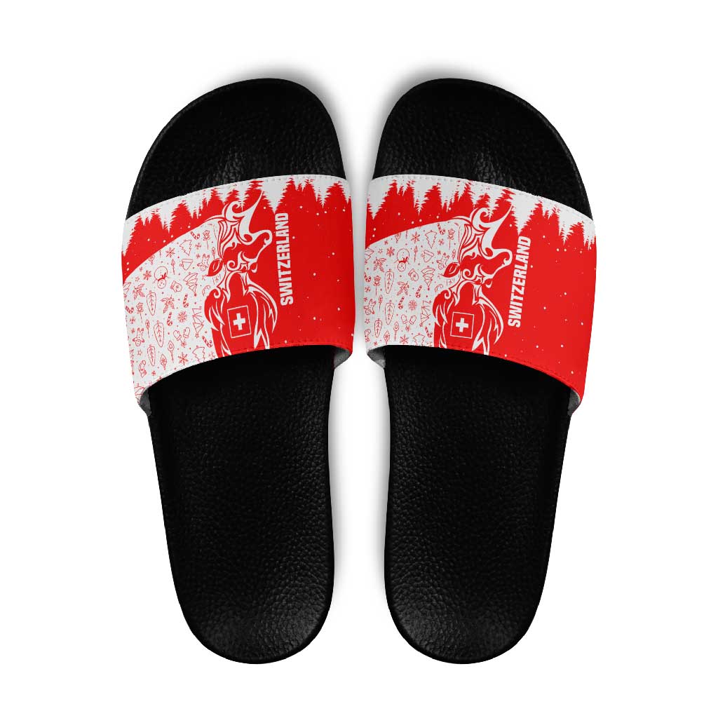 Switzerland Christmas Slide Sandals with Red Reindeer Snow Forest and Holiday Icon TS04