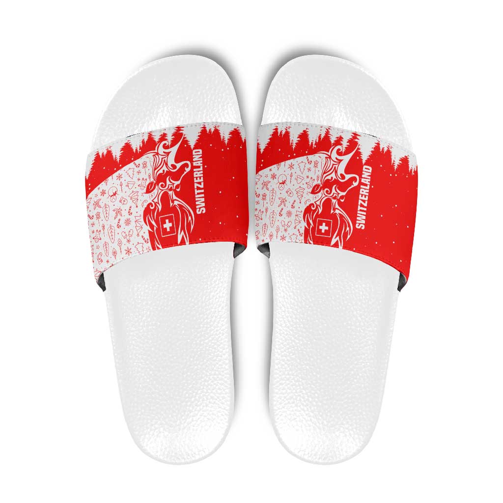 Switzerland Christmas Slide Sandals with Red Reindeer Snow Forest and Holiday Icon TS04