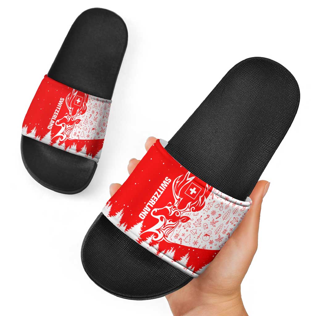 Switzerland Christmas Slide Sandals with Red Reindeer Snow Forest and Holiday Icon TS04