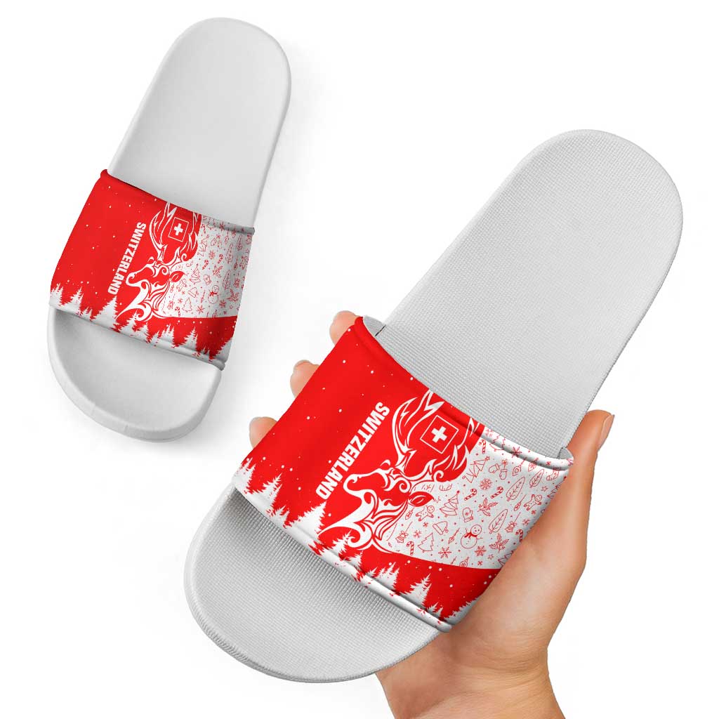 Switzerland Christmas Slide Sandals with Red Reindeer Snow Forest and Holiday Icon TS04