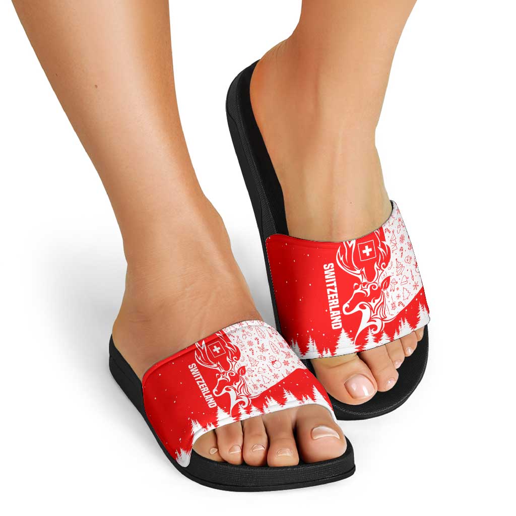 Switzerland Christmas Slide Sandals with Red Reindeer Snow Forest and Holiday Icon TS04