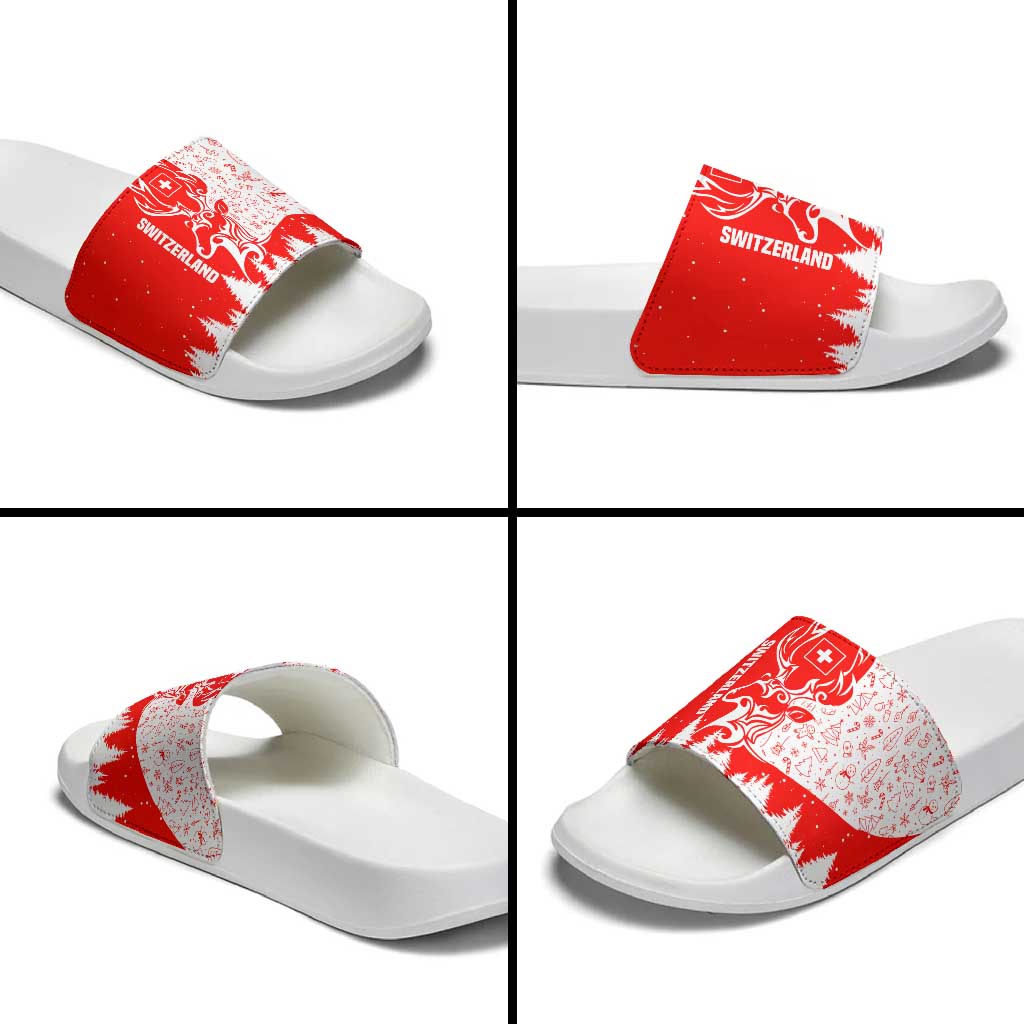 Switzerland Christmas Slide Sandals with Red Reindeer Snow Forest and Holiday Icon TS04
