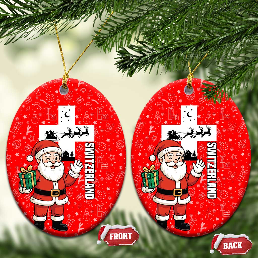 Switzerland Christmas Ceramic Ornament with Santa Sleigh Silhouette and Red Holiday Icon TS04