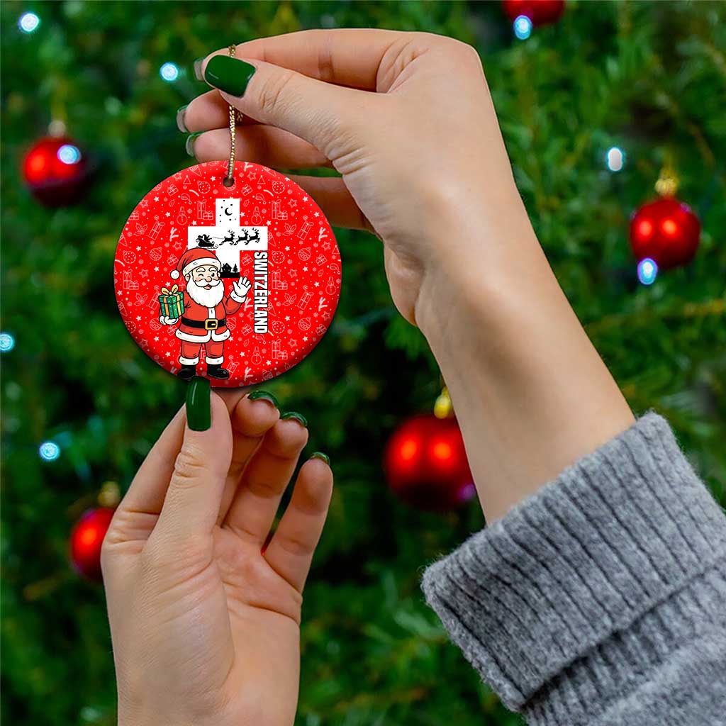 Switzerland Christmas Ceramic Ornament with Santa Sleigh Silhouette and Red Holiday Icon TS04