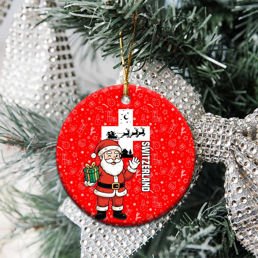 Switzerland Christmas Ceramic Ornament with Santa Sleigh Silhouette and Red Holiday Icon TS04