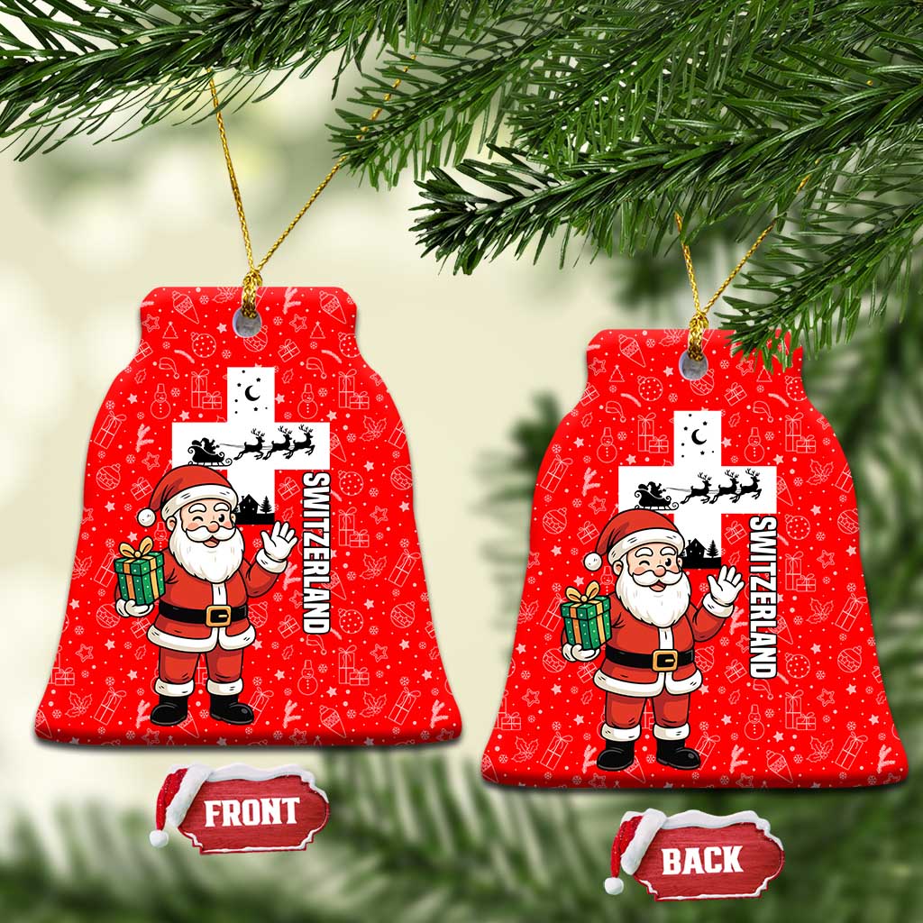 Switzerland Christmas Ceramic Ornament with Santa Sleigh Silhouette and Red Holiday Icon TS04