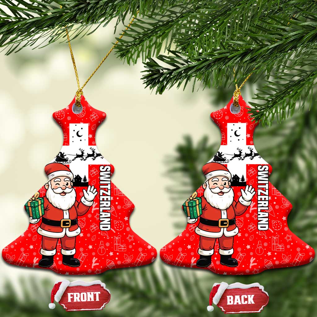 Switzerland Christmas Ceramic Ornament with Santa Sleigh Silhouette and Red Holiday Icon TS04