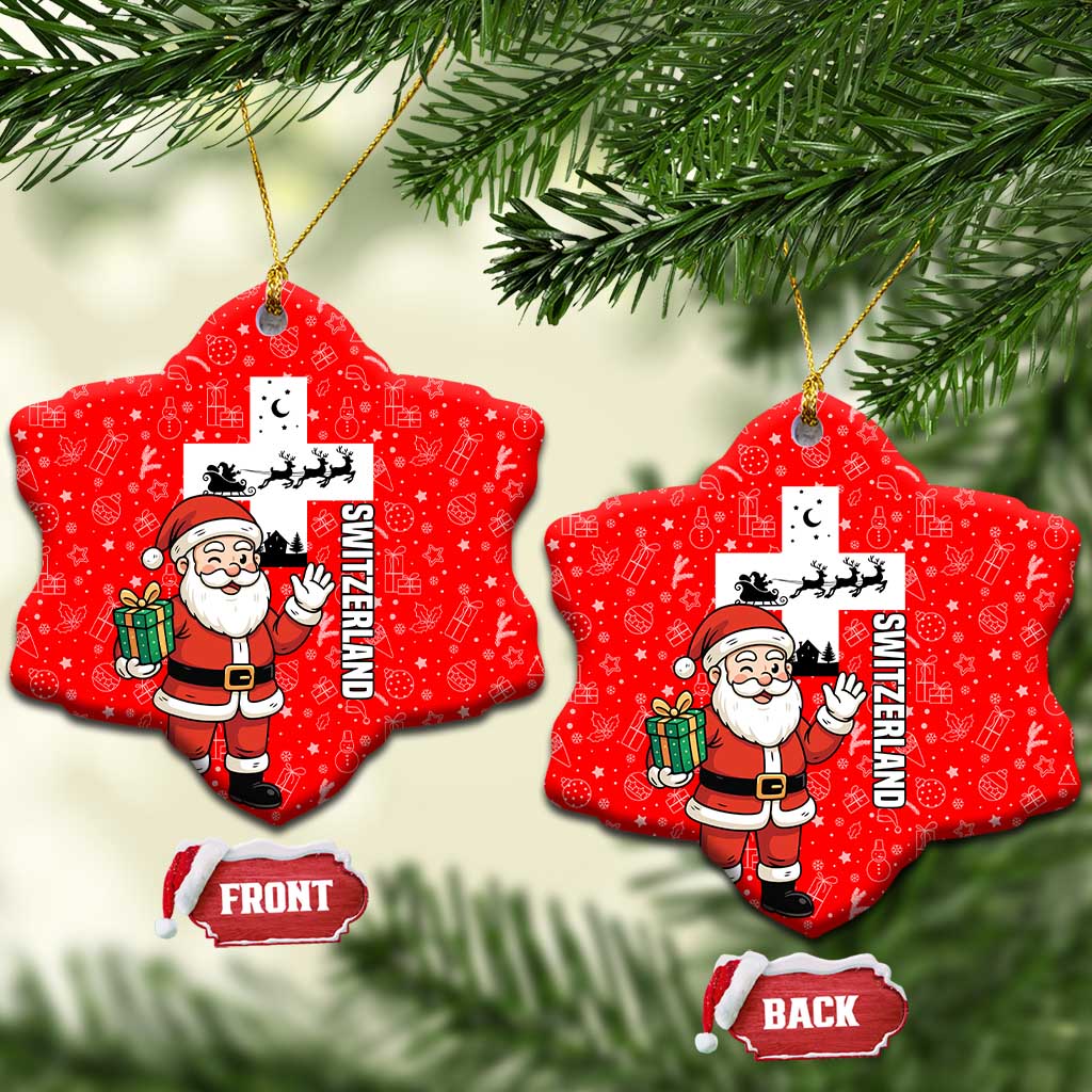 Switzerland Christmas Ceramic Ornament with Santa Sleigh Silhouette and Red Holiday Icon TS04