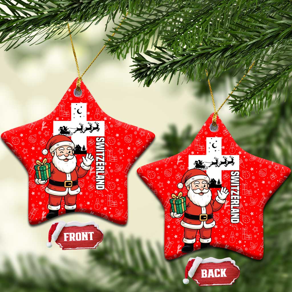 Switzerland Christmas Ceramic Ornament with Santa Sleigh Silhouette and Red Holiday Icon TS04