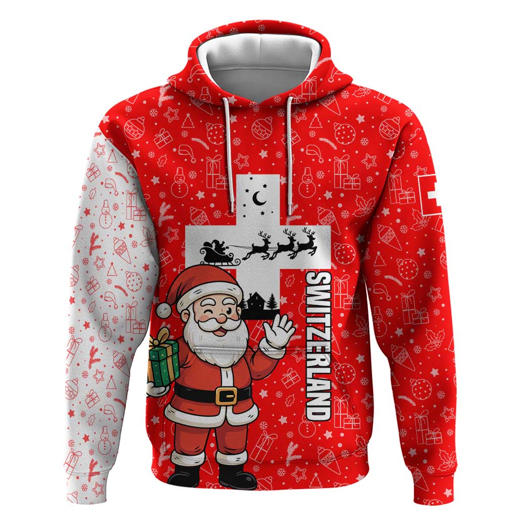 Switzerland Christmas Hoodie with Santa Sleigh Silhouette and Red Holiday Icon TS04