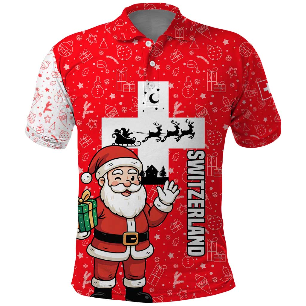 Switzerland Christmas Polo Shirt with Santa Sleigh Silhouette and Red Holiday Icon TS04