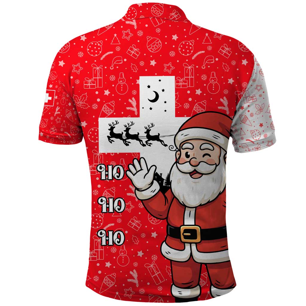 Switzerland Christmas Polo Shirt with Santa Sleigh Silhouette and Red Holiday Icon TS04