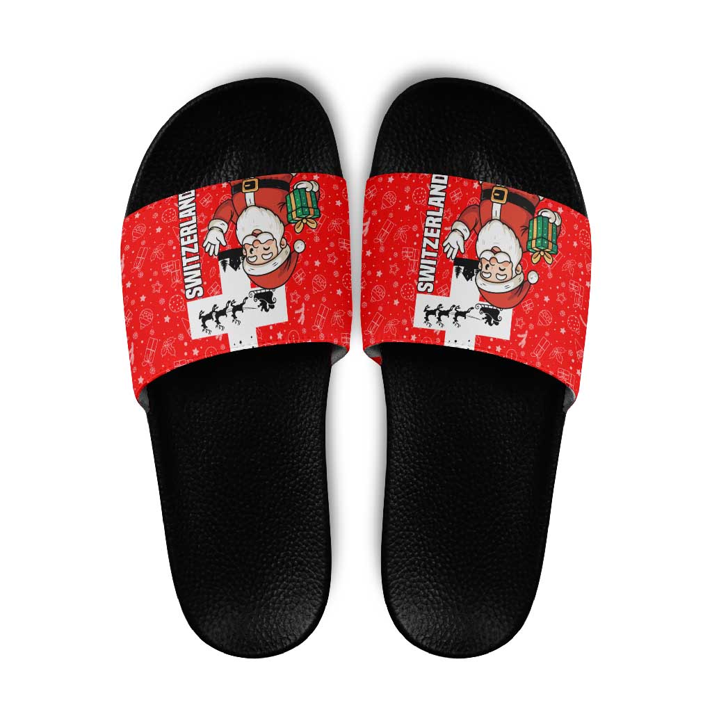 Switzerland Christmas Slide Sandals with Santa Sleigh Silhouette and Red Holiday Icon TS04