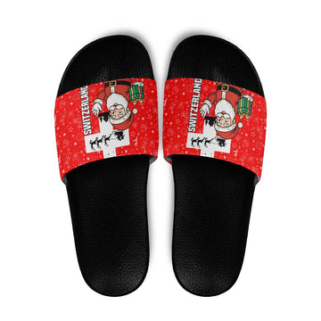 Switzerland Christmas Slide Sandals with Santa Sleigh Silhouette and Red Holiday Icon TS04