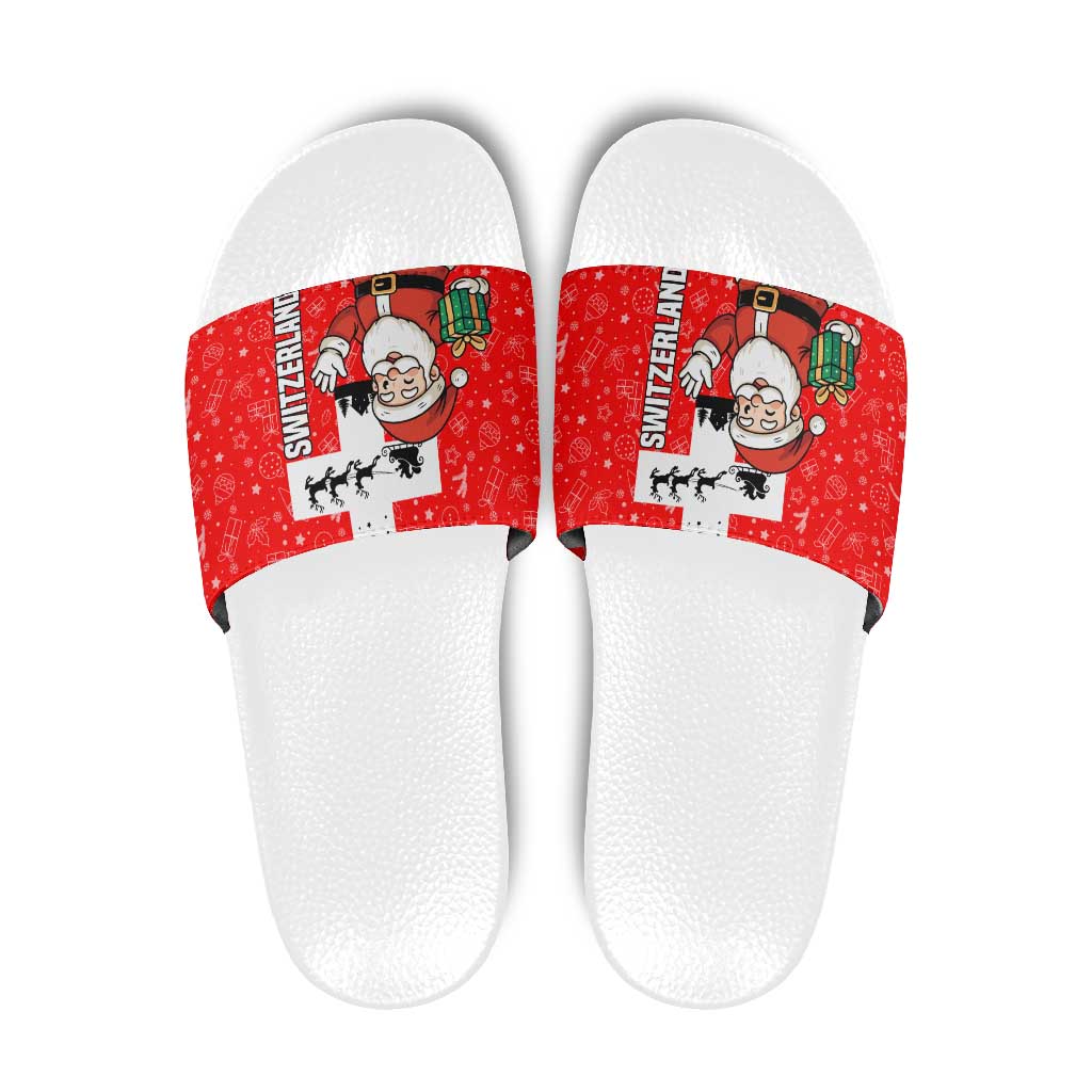 Switzerland Christmas Slide Sandals with Santa Sleigh Silhouette and Red Holiday Icon TS04