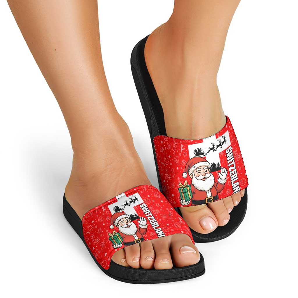 Switzerland Christmas Slide Sandals with Santa Sleigh Silhouette and Red Holiday Icon TS04