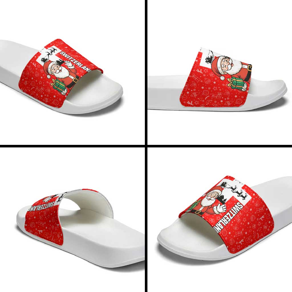 Switzerland Christmas Slide Sandals with Santa Sleigh Silhouette and Red Holiday Icon TS04