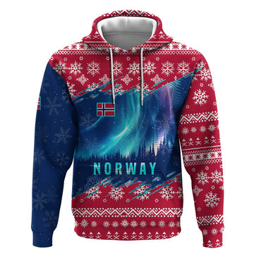 Norway Christmas Hoodie with Northern Lights Snowflake Pattern and Nordic Forest TS04