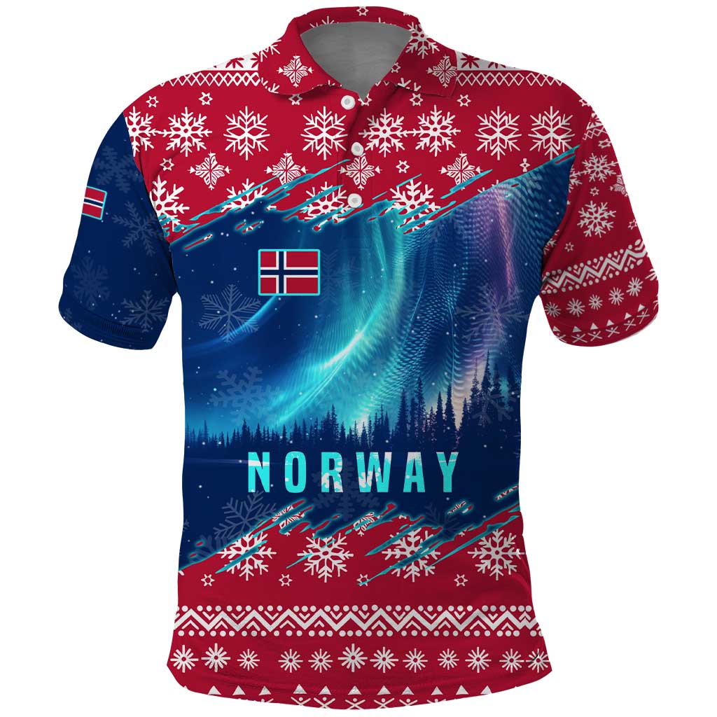 Norway Christmas Polo Shirt with Northern Lights Snowflake Pattern and Nordic Forest TS04
