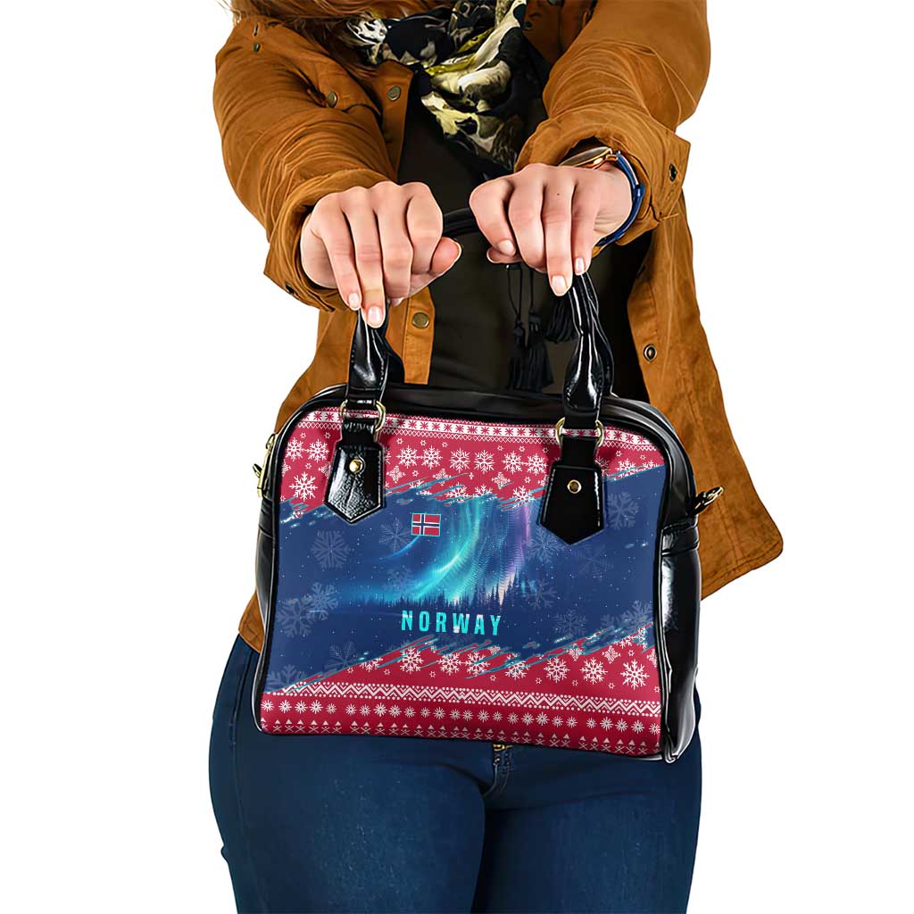 Norway Christmas Shoulder Handbag with Northern Lights Snowflake Pattern and Nordic Forest TS04