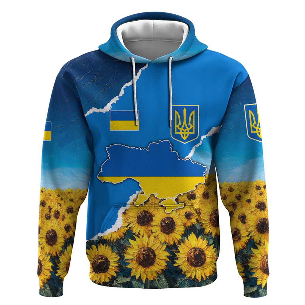 Ukraine Pride Hoodie Map, Flag & Tryzub with Sunflower Field Patriotic TS04