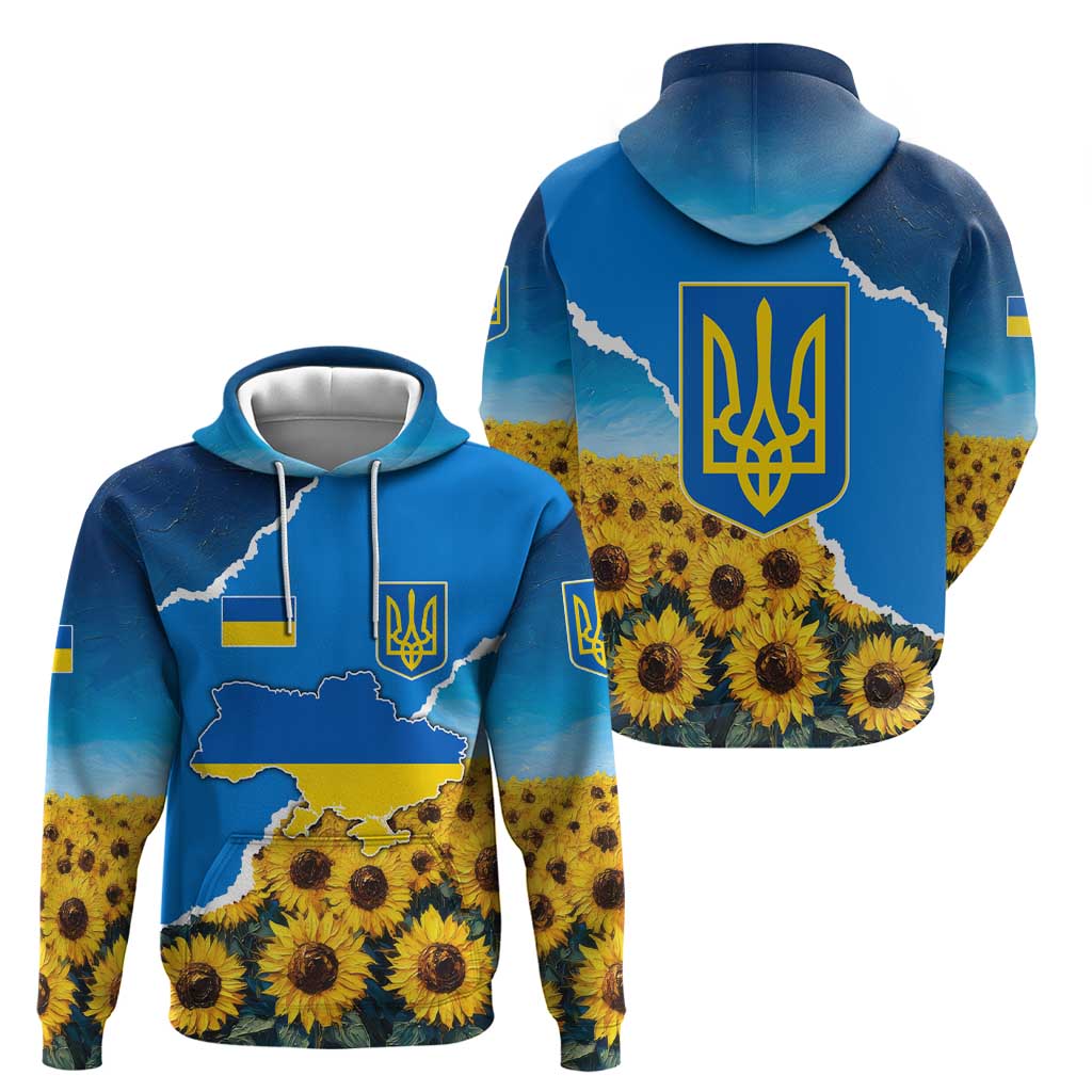 Ukraine Pride Hoodie Map, Flag & Tryzub with Sunflower Field Patriotic TS04