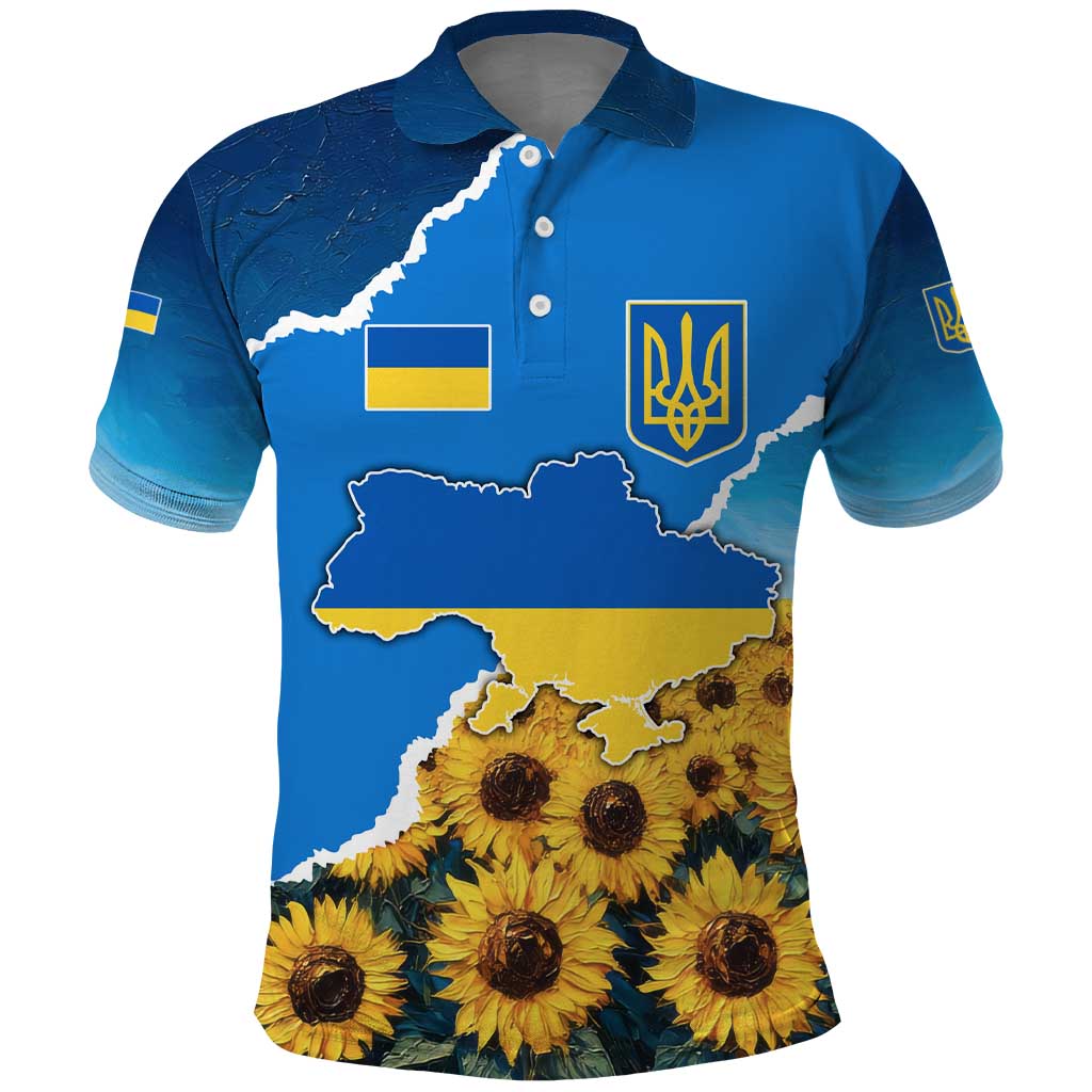 Ukraine Pride Polo Shirt Map, Flag & Tryzub with Sunflower Field Patriotic TS04
