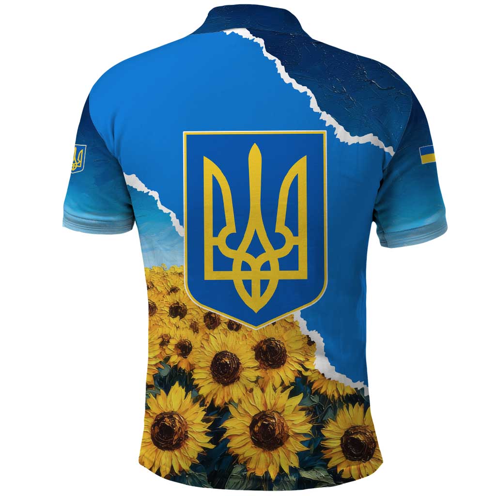Ukraine Pride Polo Shirt Map, Flag & Tryzub with Sunflower Field Patriotic TS04